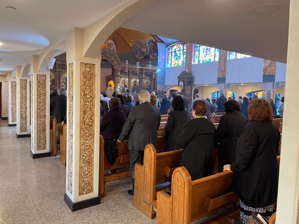 Interior of The transfiguration of Christ Greek Orthodox Church during a service